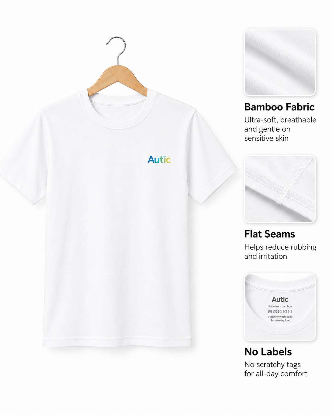 Sensory Friendly Bamboo T-Shirt - Adult Unisex - Tagless & Flat Seam - White