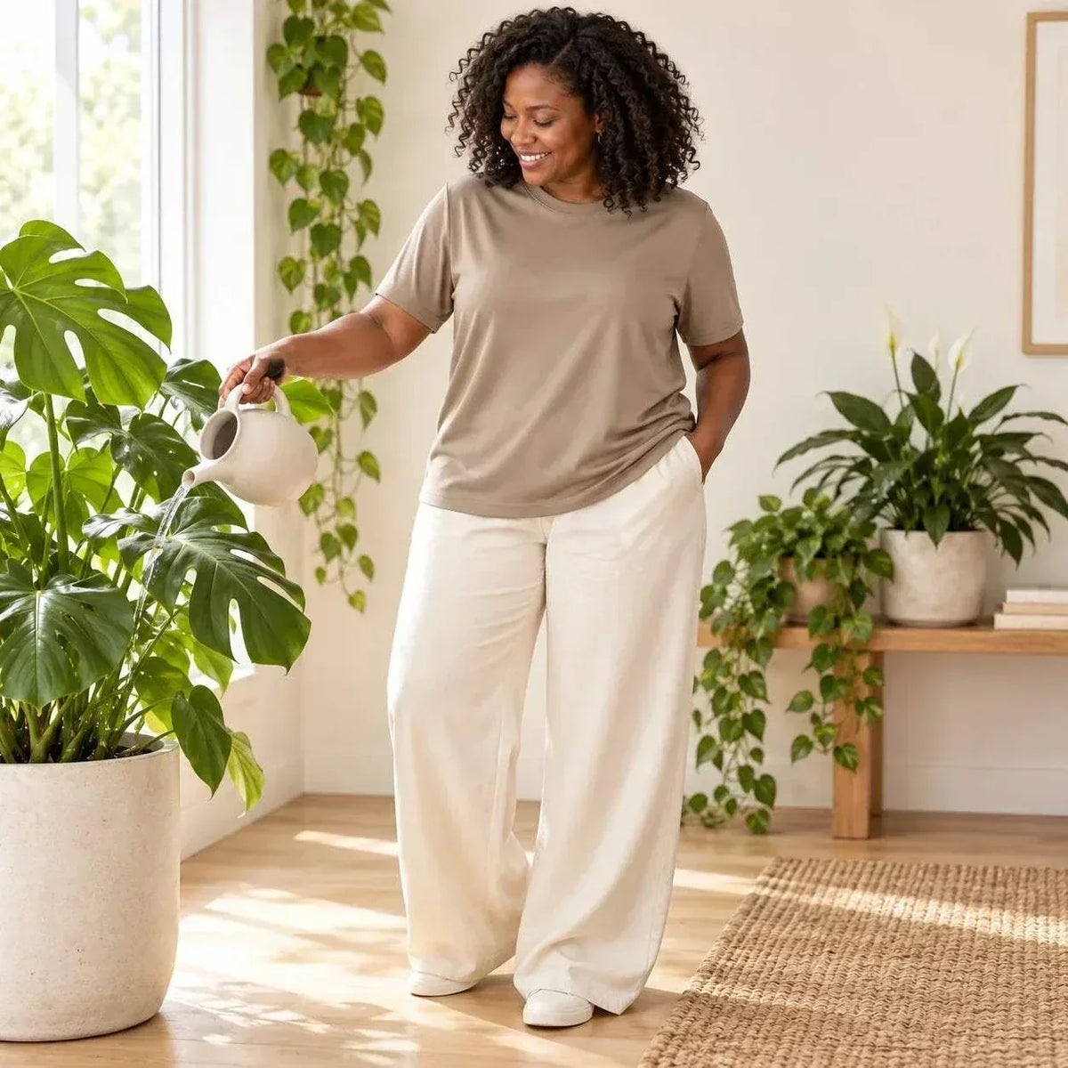 Adult sensory-friendly taupe bamboo t-shirt with flat seams and relaxed fit