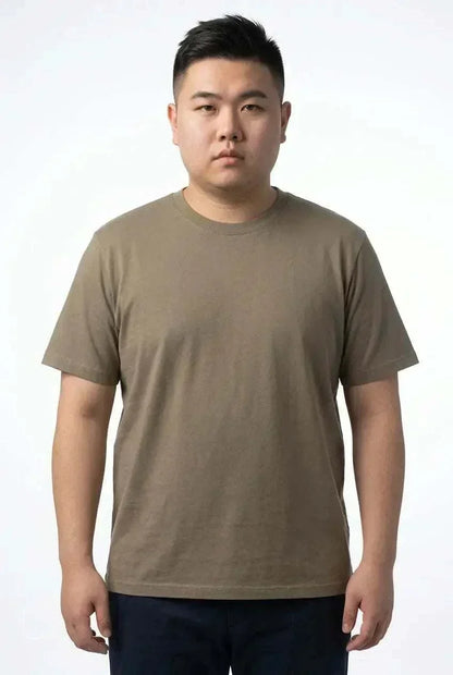 Adult sensory-friendly taupe bamboo t-shirt with flat seams and relaxed fit