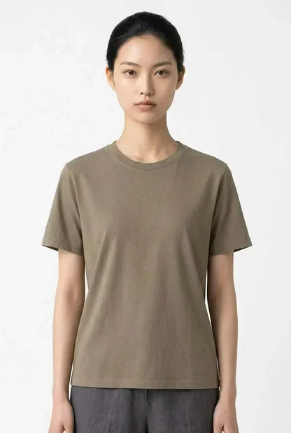Adult sensory-friendly taupe bamboo t-shirt with flat seams and relaxed fit