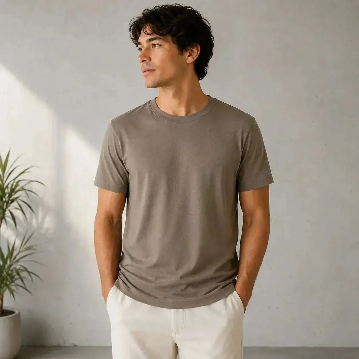 Adult sensory-friendly taupe bamboo t-shirt with flat seams and relaxed fit