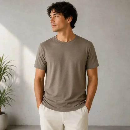 Adult sensory-friendly taupe bamboo t-shirt with flat seams and relaxed fit