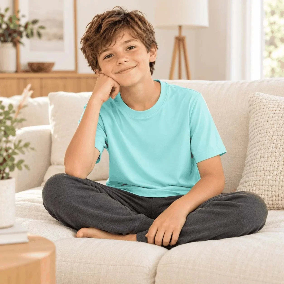 Children sensory-friendly aqua bamboo t-shirt with flat seams and relaxed fit