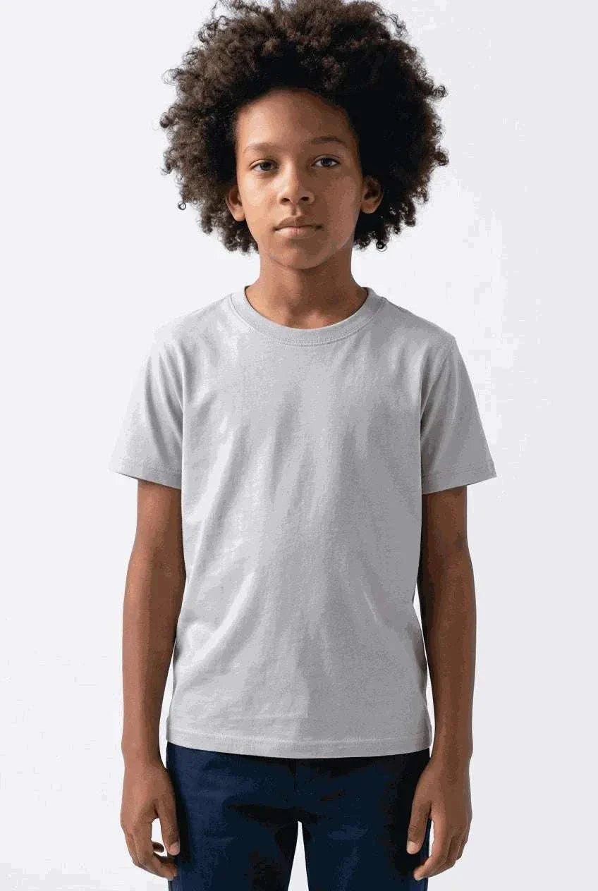 Children's sensory-friendly grey bamboo t-shirt with flat seams and relaxed fit