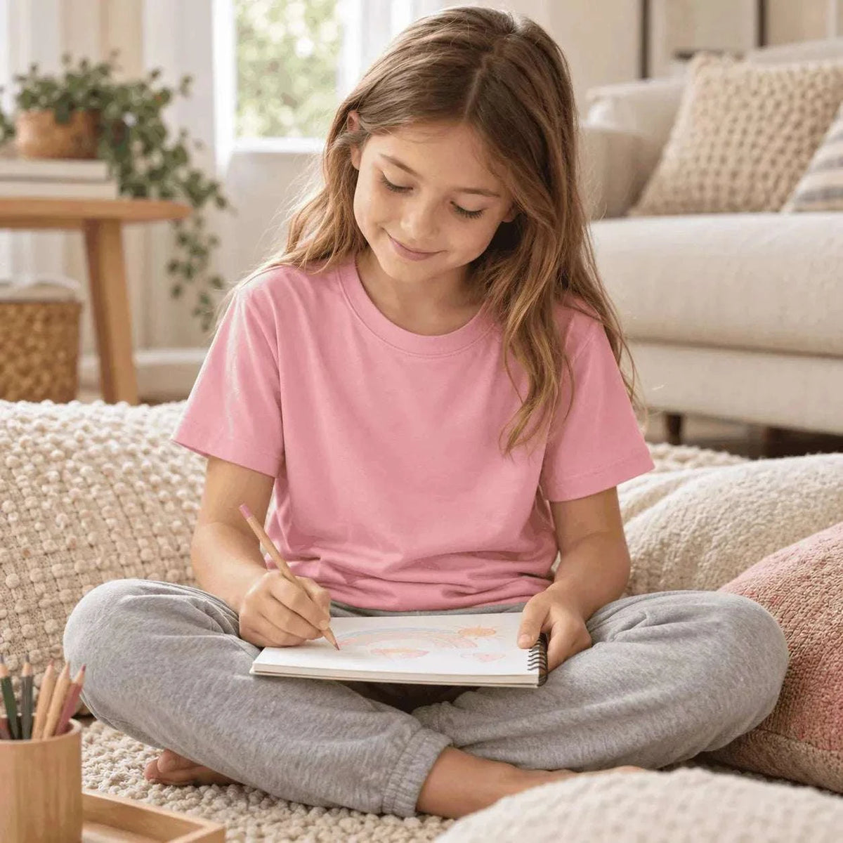 Children sensory-friendly pink bamboo t-shirt soft breathable fabric