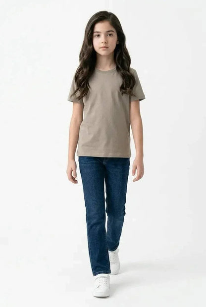 Children sensory-friendly taupe bamboo t-shirt with flat seams and relaxed fit
