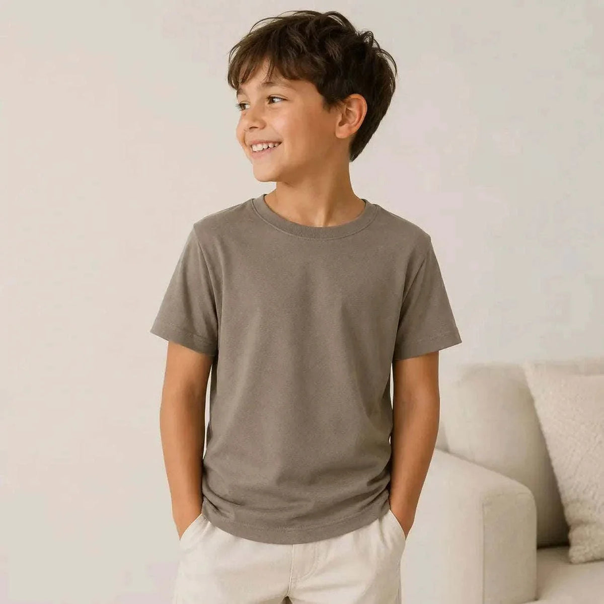 Children sensory-friendly taupe bamboo t-shirt with soft, breathable fabric
